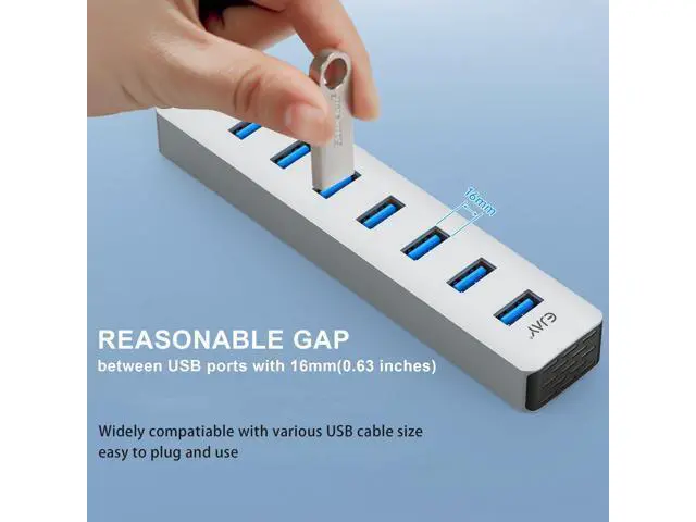 Alt view image 4 of 5 - EJAY 7-Port USB 3.0 Hub for PC with Power Adapter, Aluminum USB Splitter 5Gbps Data Transfer, 3.3ft Data & Power Cables for Laptop, Mac, Windows, Linux