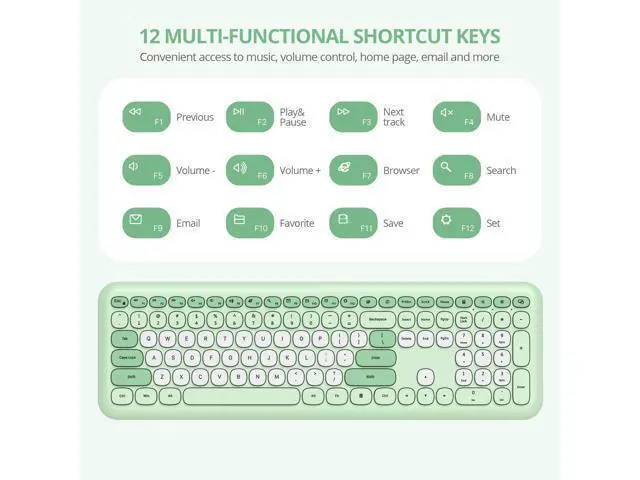 Alt view image 2 of 5 - SbocKeeb Wireless Typewriter Keyboard and Mouse Combo Retro 104 Key Full Size Office Set Green with Silent Round Keycaps,Ideal for Laptop and Desktop PCs, Cute Design Keyboard (Green White)