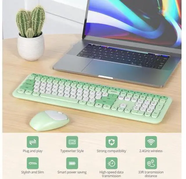 Alt view image 3 of 5 - SbocKeeb Wireless Typewriter Keyboard and Mouse Combo Retro 104 Key Full Size Office Set Green with Silent Round Keycaps,Ideal for Laptop and Desktop PCs, Cute Design Keyboard (Green White)