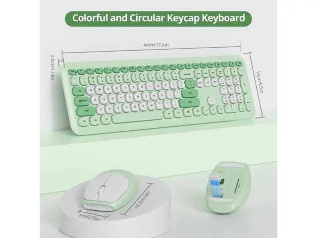 Alt view image 4 of 5 - SbocKeeb Wireless Typewriter Keyboard and Mouse Combo Retro 104 Key Full Size Office Set Green with Silent Round Keycaps,Ideal for Laptop and Desktop PCs, Cute Design Keyboard (Green White)