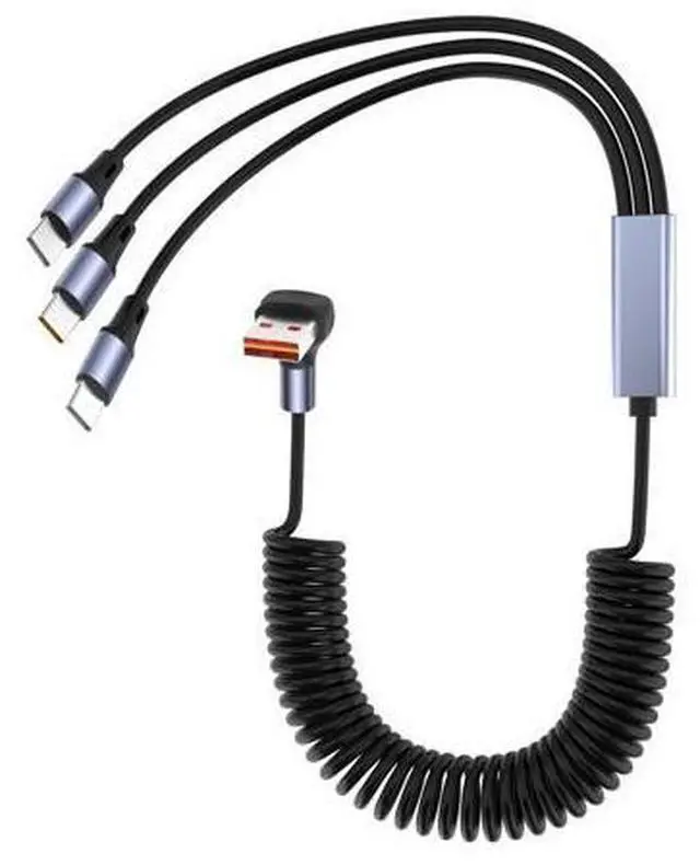 Main image of YACSEJAO 66W 90 Degree USB A to Multi USB C Spring Charging Cable for Phone/Car,6A Right Angle Coiled Type A to Type C Splitter Cable Fast Charging & Data Transfer (6FT) (USB A to 3 USB Type-C)