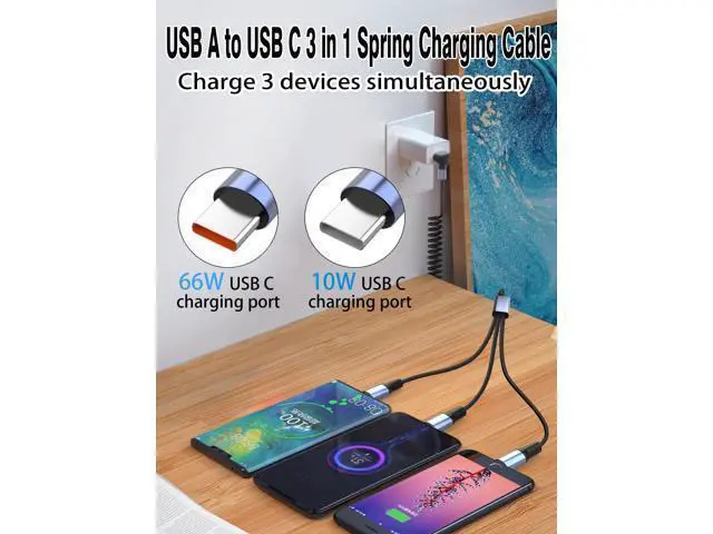 Alt view image 4 of 5 - YACSEJAO 66W 90 Degree USB A to Multi USB C Spring Charging Cable for Phone/Car,6A Right Angle Coiled Type A to Type C Splitter Cable Fast Charging & Data Transfer (6FT) (USB A to 3 USB Type-C)