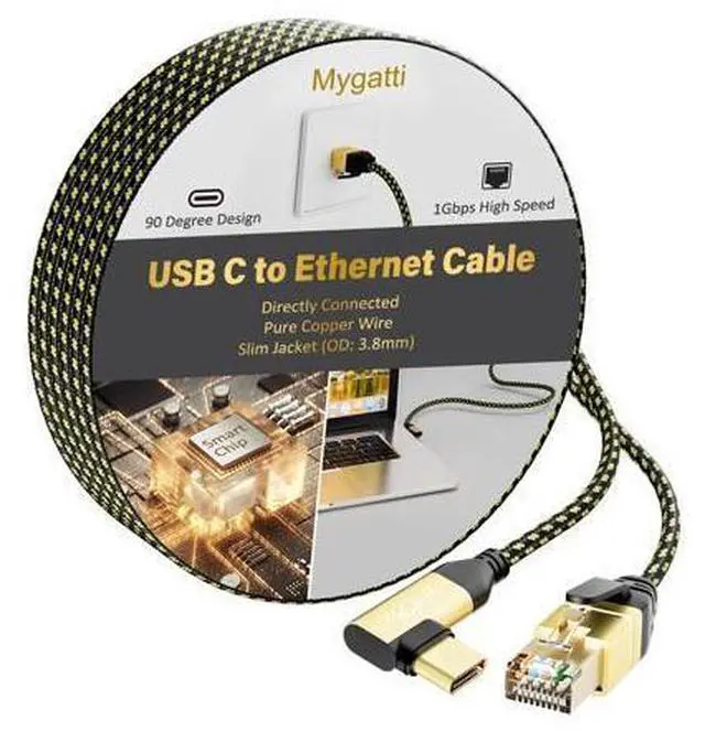 Main image of Mygatti USB C to Ethernet Cable 6 FT, 90 Degree Type-C to RJ45 Cord, 1Gbps Internet Cable, Slim Nylon Braided Cable, Directly Connected, Compatible with MacBook Pro, iPad Pro, Smartphone, Laptop, PC