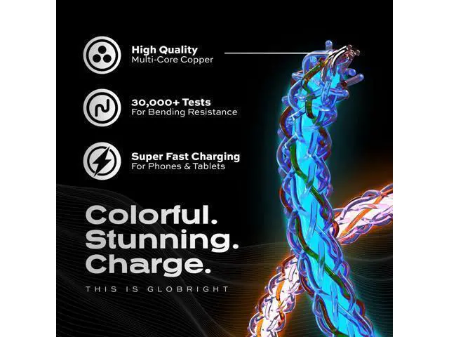 Alt view image 2 of 5 - Statik Light Up Charger Cable - GloBright Braided LED Charging Cable, Glowing Super Fast Charging 100W Light Up Cable, Data Transfer, Lighted Phone Charger Cord - 6FT/2M, Type USB C to USB C