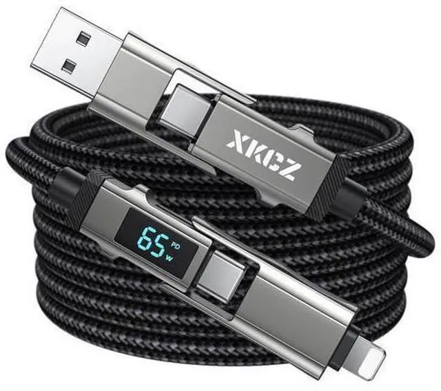 Main image of 4 in 1 USB C Cable with Wattage Display, 65W Round Nylon Braided Multi Charging Cable with Data Sync, USB C Charging Cord Combo Type C/USB A/iPhone Port for iPhone/iPad/Samsung/Laptop, 3FT