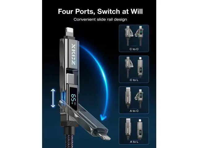 Alt view image 2 of 5 - 4 in 1 USB C Cable with Wattage Display, 65W Round Nylon Braided Multi Charging Cable with Data Sync, USB C Charging Cord Combo Type C/USB A/iPhone Port for iPhone/iPad/Samsung/Laptop, 3FT