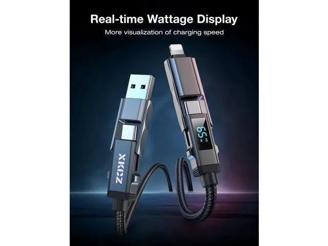 Alt view image 3 of 5 - 4 in 1 USB C Cable with Wattage Display, 65W Round Nylon Braided Multi Charging Cable with Data Sync, USB C Charging Cord Combo Type C/USB A/iPhone Port for iPhone/iPad/Samsung/Laptop, 3FT