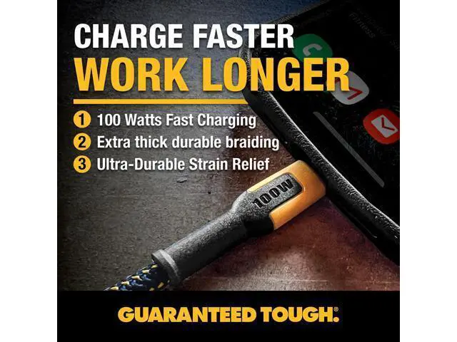 Alt view image 2 of 5 - DEWALT Heavy Duty 100W USB C Cable, Jobsite 100 Watt USB C Cable, High Speed Type-C to Type-C, Fast Charge PD USBC Fast Charging Cord for iPhone 17/16/15 Plus Pro Max MacBook iPad Samsung Galaxy, 4 ft