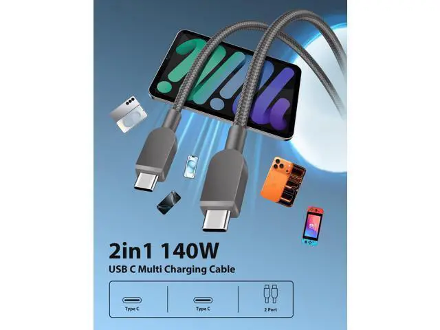 Alt view image 2 of 5 - 2 in 1 Charging Cable 6FT,140W Dual USB C to USB C Multi Charging Cable Split Type C Fast Charger Cord for iPhone 17 16 15 Pro Max iPad Pro Air MacBook Galaxy S25 S24 Ultra FE Android Power Bank,Black