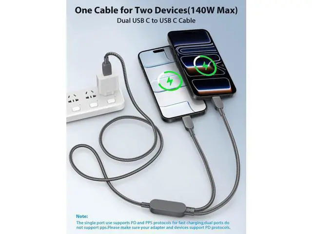 Alt view image 3 of 5 - 2 in 1 Charging Cable 6FT,140W Dual USB C to USB C Multi Charging Cable Split Type C Fast Charger Cord for iPhone 17 16 15 Pro Max iPad Pro Air MacBook Galaxy S25 S24 Ultra FE Android Power Bank,Black