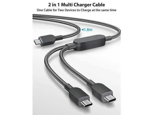 Alt view image 4 of 5 - 2 in 1 Charging Cable 6FT,140W Dual USB C to USB C Multi Charging Cable Split Type C Fast Charger Cord for iPhone 17 16 15 Pro Max iPad Pro Air MacBook Galaxy S25 S24 Ultra FE Android Power Bank,Black