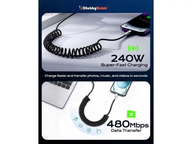 Alt view image 2 of 5 - chubbycable Curly Chubby Retractable Fast Charging Cable 120W Coiled Charger Cord for Car Durable USB C Cable Compatible with iPhone 17-15 Series, Dark Blue+Dark Blue, Type-C to Type-C, 2.13FT-6.56FT