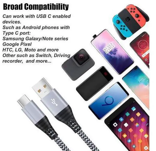 Alt view image 5 of 5 - Costyle USB C Cable, 5 Pack 10ft Type C to A Male Charger Cable Braided Fast Charging Phone Charger Cord for Samsung Galaxy S20 S10e S9 S8 Note 10 A13 A54, Pixel, Switch- Black Rose Green Blue Purple