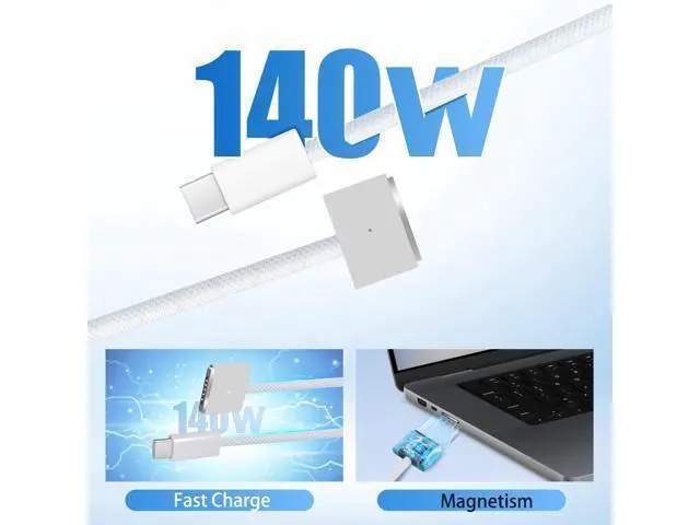 Alt view image 4 of 5 - iPartsleader Braided 140W USB-C to Magnetic 3 Power Cable, Compatible with MacBook Pro M1/M2/M3 Pro/Max 14"/16" 2021/2022/2023 & MacBook Air 13.6"/15.3" M2/M3 2022/2023/2024-6.6ft (Silver)