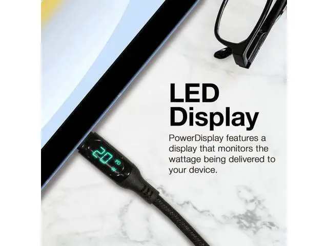 Alt view image 3 of 5 - BoxWave Cable Compatible with Google Chromecast with TV - PowerDisplay PD Cable (6ft) - USB-C to USB-C (100W), LED Wattage Info Extra Long Braided Nylon - Jet Black