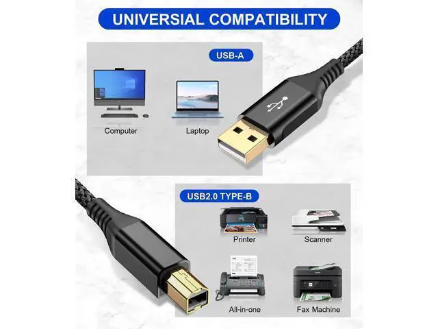 Alt view image 2 of 5 - sweguard 20ft USB 2.0 USB-A to USB-B Cable - High Speed Nylon Braided Scanner/Printer Cord for HP, Canon, Dell, Epson, Brother, Lexmark, Xerox, Samsung & More - Black
