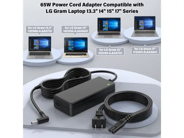 Alt view image 2 of 5 - 19V 65W Laptop Charger Compatible with LG Gram Notebook Laptop, Power Cord AC Adapter for LG Gram 13Z950 13Z970 14Z950 14Z970 15Z960 15Z970 17Z990 17z90n Laptop 13.3" 14" 15" 17", Fit for 48W 45W 40W