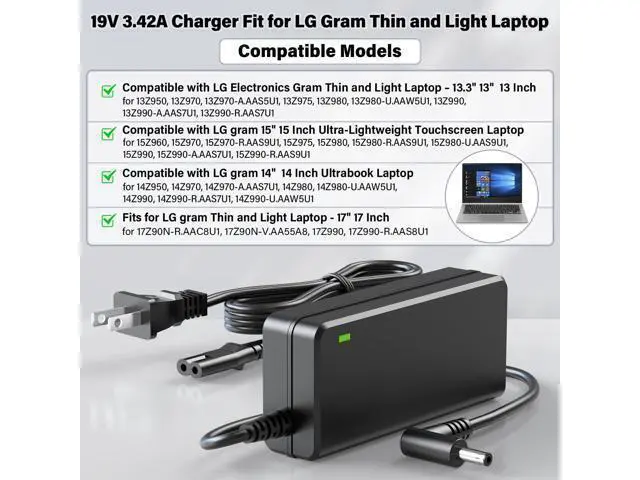 Alt view image 3 of 5 - 19V 65W Laptop Charger Compatible with LG Gram Notebook Laptop, Power Cord AC Adapter for LG Gram 13Z950 13Z970 14Z950 14Z970 15Z960 15Z970 17Z990 17z90n Laptop 13.3" 14" 15" 17", Fit for 48W 45W 40W