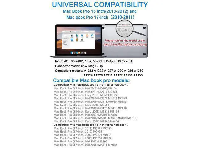Alt view image 2 of 5 - Mac Book Pro Charger,85W L-Tip Replacement AC Power Adapter, Compatible with Adapter for Mac Book Pro 15-Inch and 17-inch (Before mid 2012 Models)