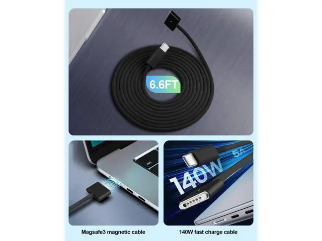 Alt view image 2 of 5 - RULGOI 140W USB-C to Magnetic 3 Charging Cable, Compatible with MacBook Air 2023/2022 (M2), Pro 2021 (M3, M1, 14-16 inches) 6.6 feet - Black