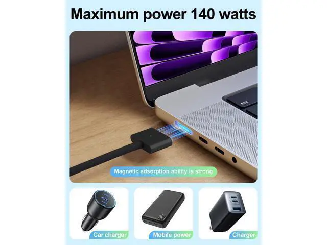 Alt view image 5 of 5 - RULGOI 140W USB-C to Magnetic 3 Charging Cable, Compatible with MacBook Air 2023/2022 (M2), Pro 2021 (M3, M1, 14-16 inches) 6.6 feet - Black