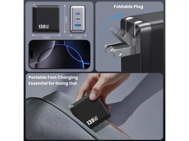 Alt view image 5 of 5 - 130W USB C Charger Block,3-Port GaN Fast Charger,Compact Foldable Type C Fast Charging Wall Charger,PD QC 65W USB C Laptop Charger for MacBook Pro/Air,iPad Pro,iPhone16/15,Galaxy Series(Black)