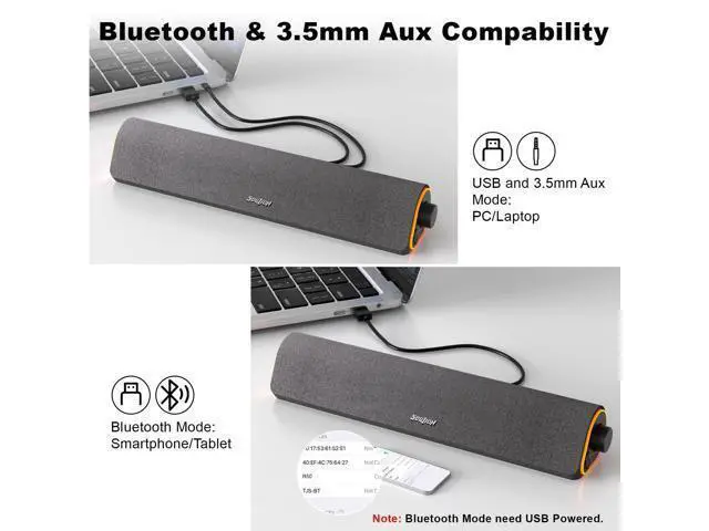 Alt view image 4 of 5 - SOULION R50 Bluetooth Computer Speakers, 3.5mm PC Sound Bar for Desktop Monitor, Wired USB Powered & Colorful LED Lights with Switch Button, Surround Sound Soundbar PC Spearkers for Computer