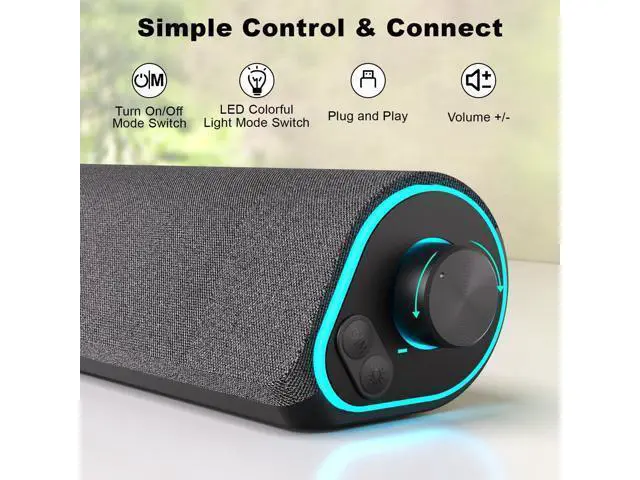 Alt view image 3 of 5 - SOULION R50 Bluetooth Computer Speakers, 3.5mm PC Sound Bar for Desktop Monitor, Wired USB Powered & Colorful LED Lights with Switch Button, Surround Sound Soundbar PC Spearkers for Computer