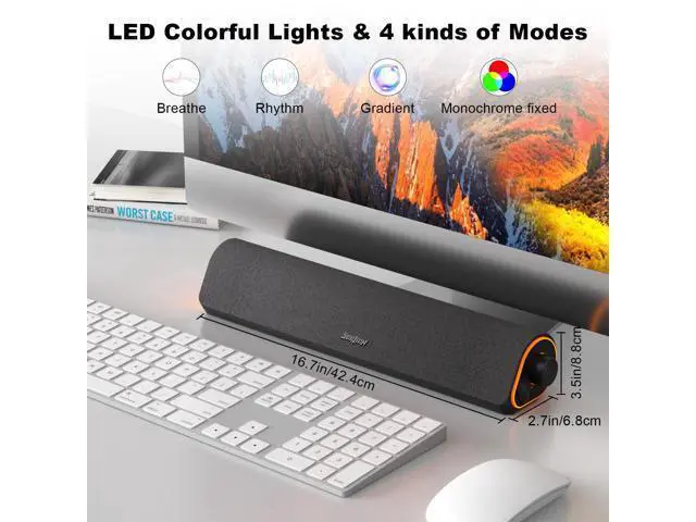 Alt view image 5 of 5 - SOULION R50 Bluetooth Computer Speakers, 3.5mm PC Sound Bar for Desktop Monitor, Wired USB Powered & Colorful LED Lights with Switch Button, Surround Sound Soundbar PC Spearkers for Computer