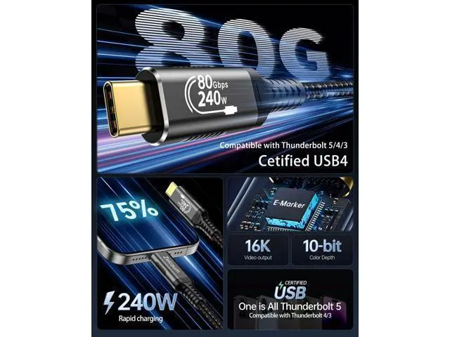 Alt view image 2 of 5 - Zelcaum USB C Thunderbolt 5 Cable, 120Gbps Bandwidth, 80Gbps Date, 16K 8K 4K Video Sync Display, 240W Fast Charging, Fully Compatible with Thunderbolt 4/3, Type USB-C, USB4 / Gen4 Devices, 1.5FT