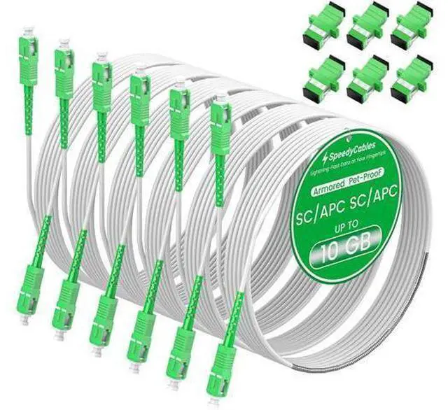 Main image of SpeedyCables- Armored SC/APC to SC/APC Fiber Optic Internet Cable 2M-6Pack, Single Mode Patch Cord SIMPLEX 9/125m OS2, LSZH White - 2M/7ft 6Pack