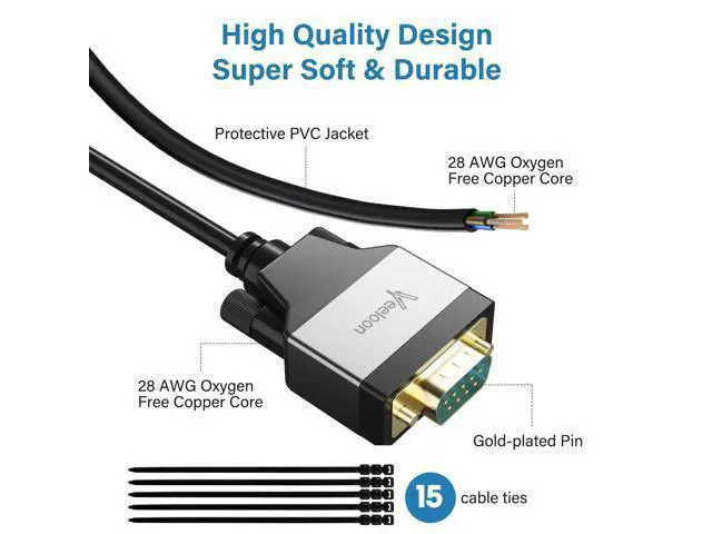 Alt view image 5 of 5 - Veeloon USB 2.0 to Serial Adapter (FTDI Chipset), 15 FT USB A to RS232 Male DB9 Pin Converter Serial Cable with Cable Ties for Windows 11, 10, 8.1, 8, 7, Vista, XP, 2000, Linux and Mac OS X, macOS