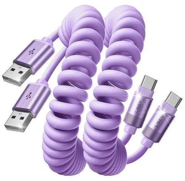 Main image of LISEN Coiled USB C Cable, 2 Pack for Android Auto & CarPlay Cable, Short USB A to USB C Cable Compatible with iPhone 17/16/15, Samsung Galaxy S25/S24/S23 A15/A14, Google Pixel 9/8, Purple 4FT
