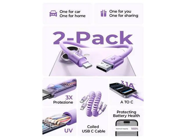 Alt view image 3 of 5 - LISEN Coiled USB C Cable, 2 Pack for Android Auto & CarPlay Cable, Short USB A to USB C Cable Compatible with iPhone 17/16/15, Samsung Galaxy S25/S24/S23 A15/A14, Google Pixel 9/8, Purple 4FT