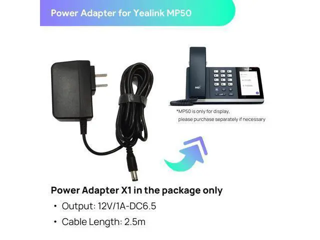 Alt view image 2 of 2 - Yealink Power Adapter YLPS121000C-3C Power Supply 12V/1A-DC6.5, Cable 2.5m(8.2ft), Compatible for Yealink MP50 Replacement Charger Power Cord