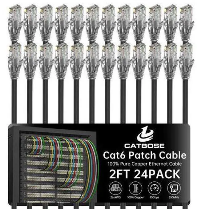 Main image of 2 Feet Cat6 Patch Cables(24 Pack), Solid Pure Copper Patch Cord, Cat 6 Ethernet Cable, UTP Network, High Speed RJ45 Internet Cables, Compatible for Router, Switche, PC, Server, PS4/5, Xbox - Black