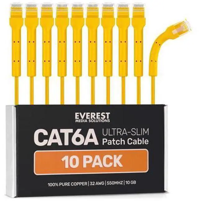 Main image of Everest Ultra Slim Cat6a Ethernet Patch Cables 0.5ft (10-Pack) Yellow - 6 Inch 10GB Cat 6a Patch Cable - Bendable, Flexible & Thin Ethernet Cable - 32AWG 550MHZ Cat6a Cables - 100% Copper Wires