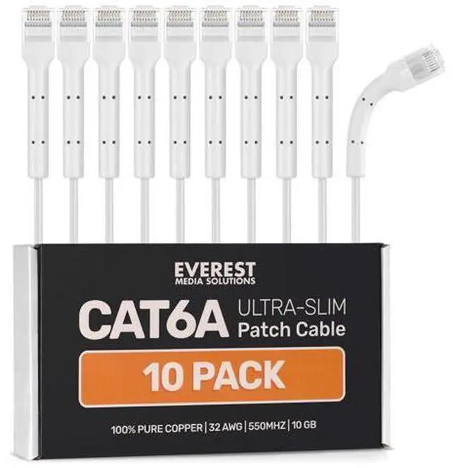 Main image of Everest Ultra Slim Cat6a Ethernet Patch Cables 1ft (10-Pack) White - 10GB Cat 6a Patch Cable - Bendable, Flexible & Thin Ethernet Cable - Space Saving 32AWG 550MHZ Cat6a Cables - 100% Copper Wires