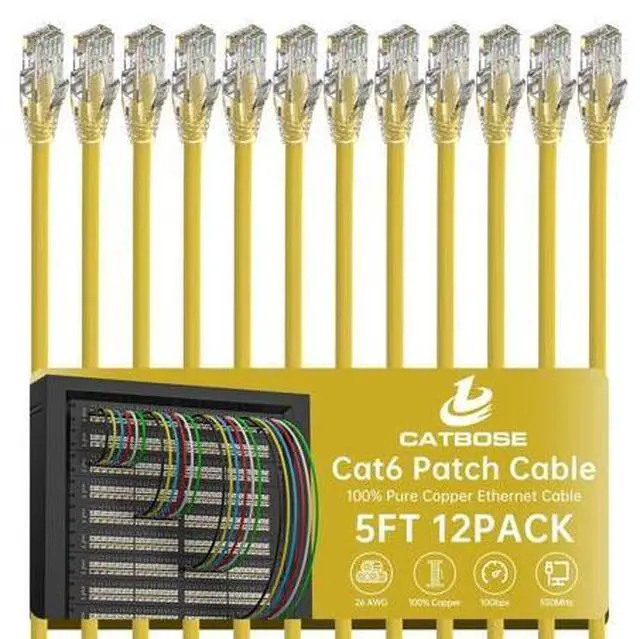 Main image of 5 Feet Cat6 Patch Cables(12 Pack), Solid Pure Copper Patch Cord, Cat 6 Ethernet Cable, UTP Network, High Speed RJ45 Internet Cables, Compatible for Router, Switche, PC, Server, PS4/5, Xbox - Yellow