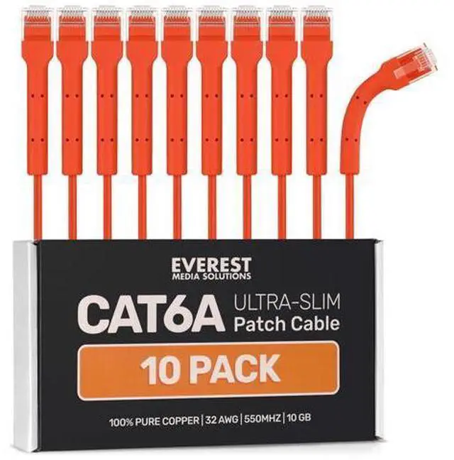 Main image of Everest Ultra Slim Cat6a Ethernet Patch Cables 2ft (10-Pack) Orange - 10GB Cat 6a Patch Cable - Bendable, Flexible & Thin Ethernet Cable - Space Saving 32AWG 550MHZ Cat6a Cables - 100% Copper Wires