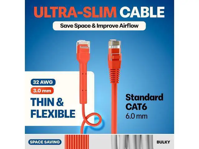 Alt view image 4 of 5 - Everest Ultra Slim Cat6a Ethernet Patch Cables 2ft (10-Pack) Orange - 10GB Cat 6a Patch Cable - Bendable, Flexible & Thin Ethernet Cable - Space Saving 32AWG 550MHZ Cat6a Cables - 100% Copper Wires