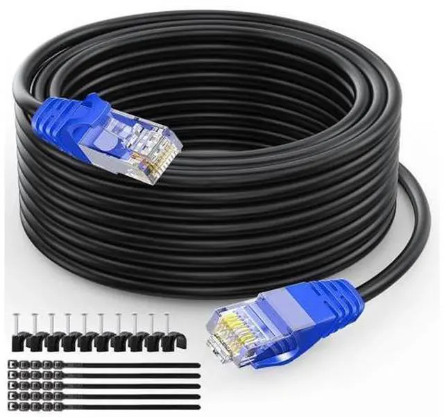 Main image of Aimyzii Cat6 Outdoor Ethernet Cable(100 Feet) Heavy Duty Outdoor Grounded Waterproof Buried-able UV Resistant Network Cord,RJ45 Patch Cable Support Cat6,Cat5E,Cat5-Include 25 Ties and 50 Cable Clips