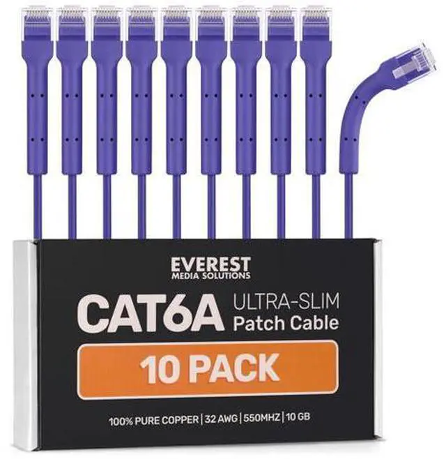 Main image of Everest Ultra Slim Cat6a Ethernet Patch Cables 3ft (10-Pack) Purple - 10GB Cat 6a Patch Cable - Bendable, Flexible & Thin Ethernet Cable - Space Saving 32AWG 550MHZ Cat6a Cables - 100% Copper Wires