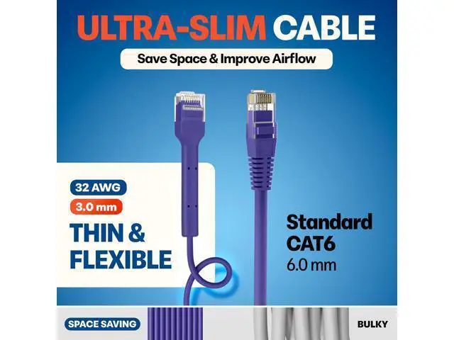Alt view image 4 of 5 - Everest Ultra Slim Cat6a Ethernet Patch Cables 3ft (10-Pack) Purple - 10GB Cat 6a Patch Cable - Bendable, Flexible & Thin Ethernet Cable - Space Saving 32AWG 550MHZ Cat6a Cables - 100% Copper Wires
