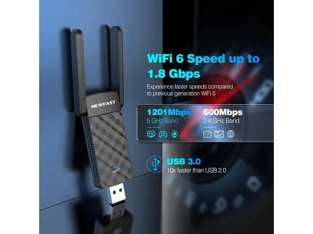 Alt view image 2 of 5 - NEWFAST USB WiFi 6 Adapter U352, AX1800 Wireless Network Adapter for Desktop PC Laptop, USB 3.0 WiFi with Dual Band High Gain Antennas, MU-MIMO, WPA3, WiFi Dongle for Windows 11/10