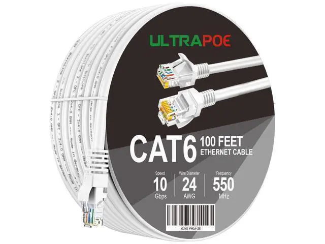 Main image of Cat 6 Ethernet Cable 100 ft, 10Gbps Support Cat7 Cat5e Network, long Internet LAN Patch Cord, Pure Copper Cat6 Fast Speed Weatherproof Cable for Modem, Router, Gaming, Indoor and Outdoor, UTP White