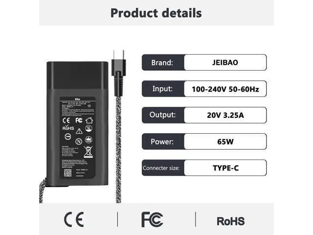 Alt view image 2 of 5 - JEIBAO New Slim 65W USB C Laptop Charger Compatible with HP Chromebook X360, Envy X360, Elitebook X360, Spectre X360, Elitebook/Chromebook/Elite x2/Envy/ProBook Travel Type C Power Cord Supply
