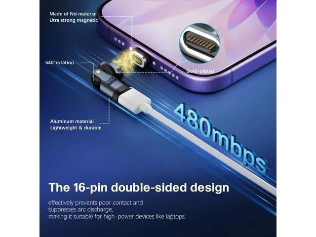 Alt view image 3 of 5 - EndlesShine Magnetic USB Type-C Adapter 16PIN Anti-Arc 540 Rotating Swivel Connector Stable PD240W Fast Quick Charging 480mbps Data sync