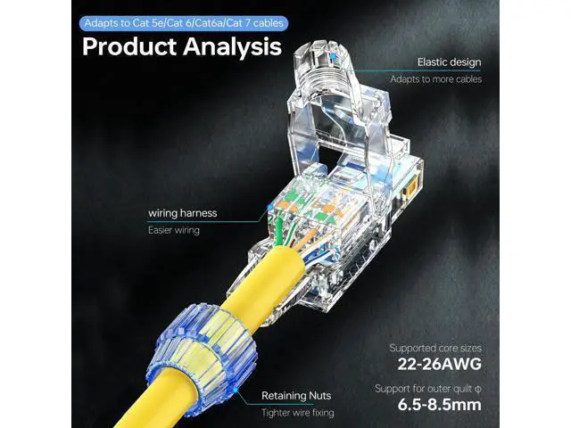 Alt view image 3 of 5 - RJ45 Connectors Toolless10 Gigabit, Cat5e Cat6 Cat6A Cat7 Network Cable Connector, Gold-Plated Copper, 22-26 AWG, 6-Pack