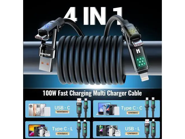 Alt view image 2 of 5 - Hichain 100W 4-in-1 Multi Charging Cable, USB C to Lightning Cable, with Light for iPhone 17-15 Series Fast Charging, Chubby USB A/C to C/Lightning Charging Cord - 6 FT